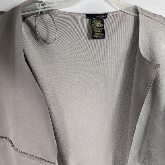Renuar Womens XL Open Front Cardigan Gray Knit Suede Touch Ruffle Trim Duster - Picture 2 of 5